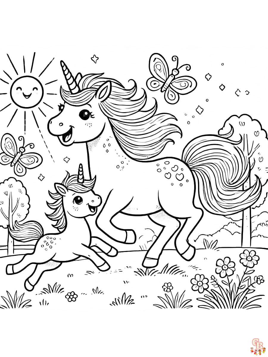 Ausmalbild Einhorn Familie spielt unter der Sonne Ausmalbild Einhorn Familie fröhlich auf grüner Wiese