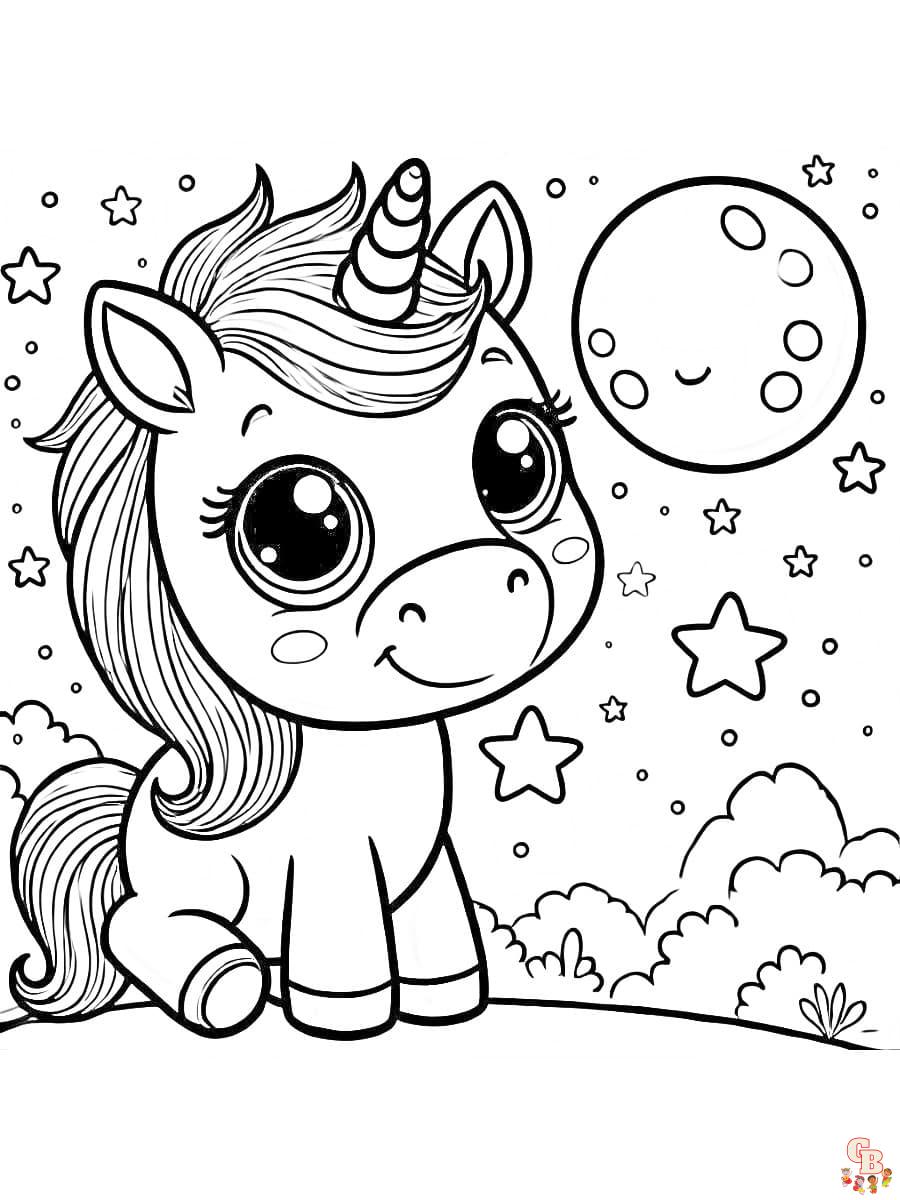 Ausmalbild Einhorn Fohlen unter funkelndem Nachthimmel Ausmalbild Einhorn Fohlen mit Mond und Sternen