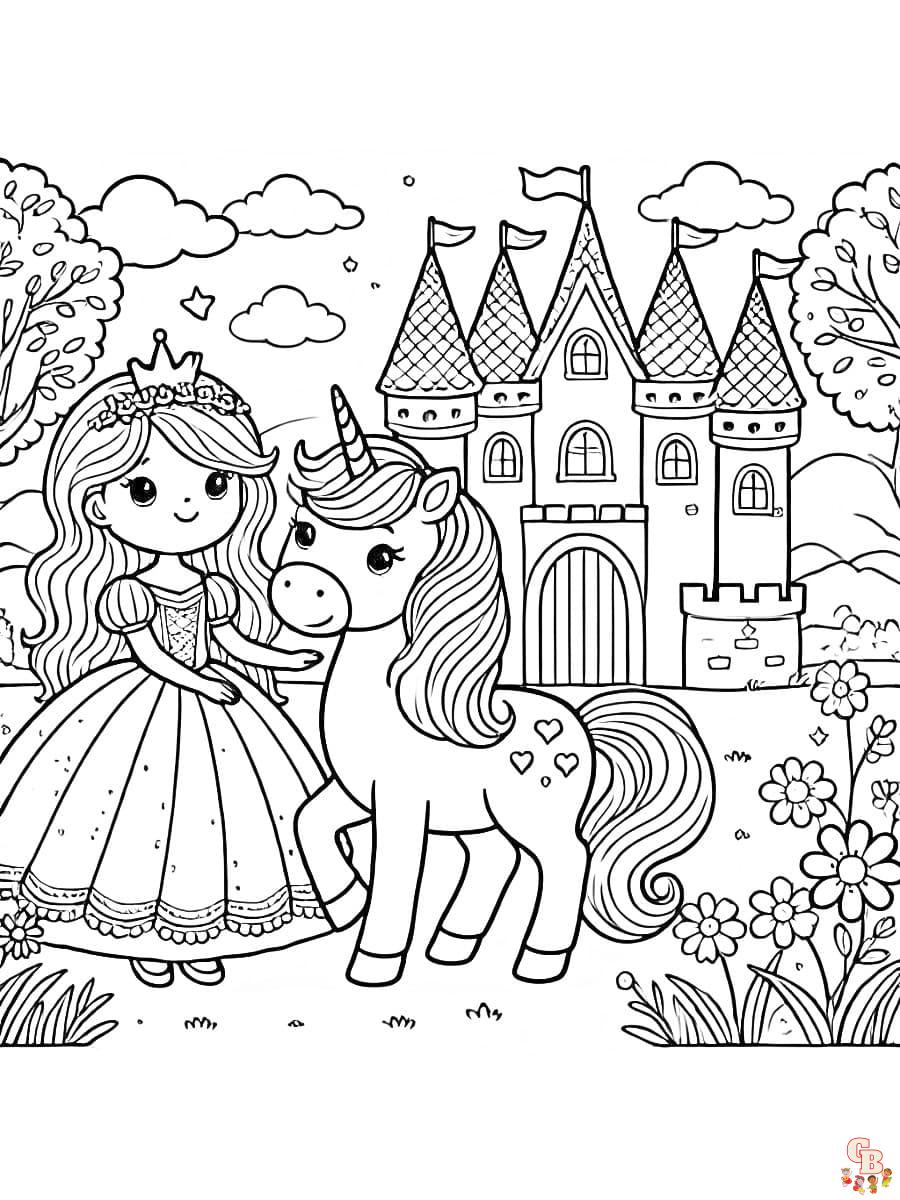 Ausmalbild Einhorn Prinzessin vor dem Schloss