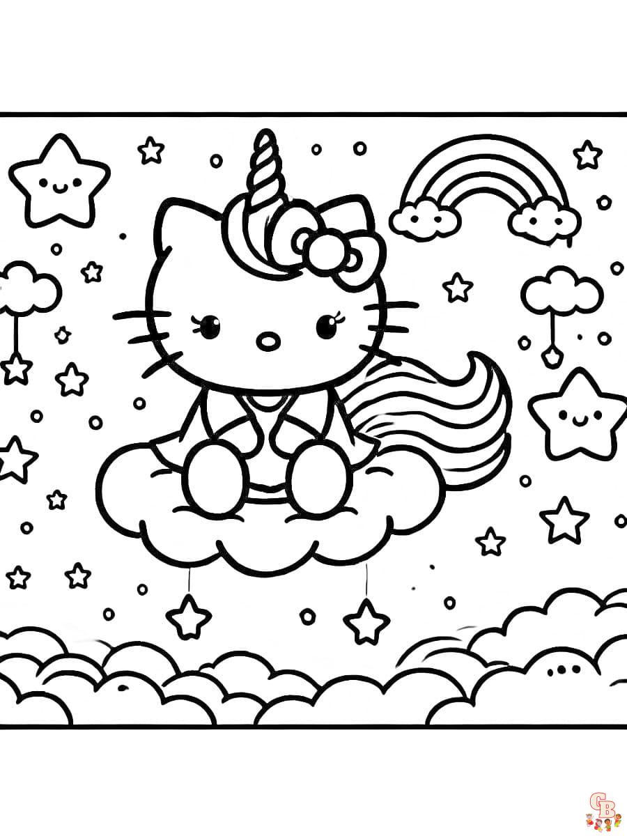 Magisches Ausmalbild Hello Kitty Einhorn mit Schleife und lächelnden Wolken