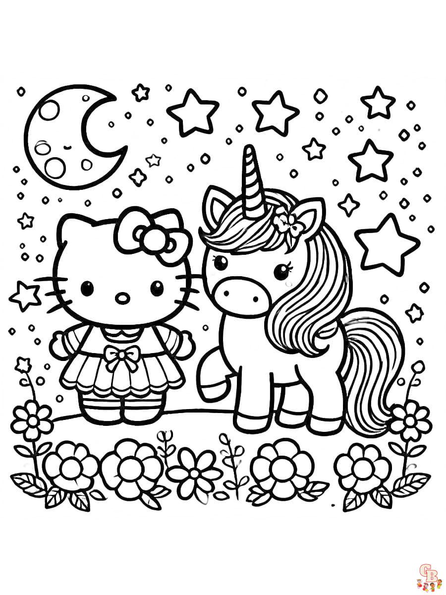 Magisches Ausmalbild Hello Kitty Einhorn mit Mond und Sternen