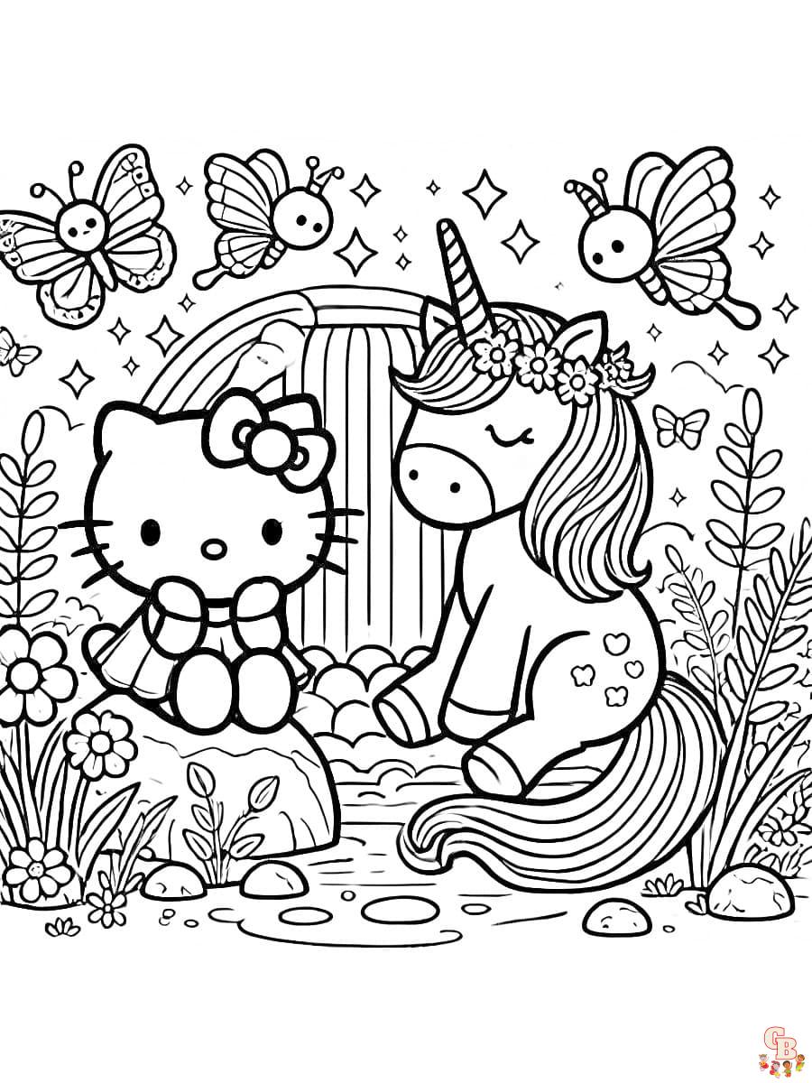 Magisches Ausmalbild Hello Kitty Einhorn mit Blumen und Sternen