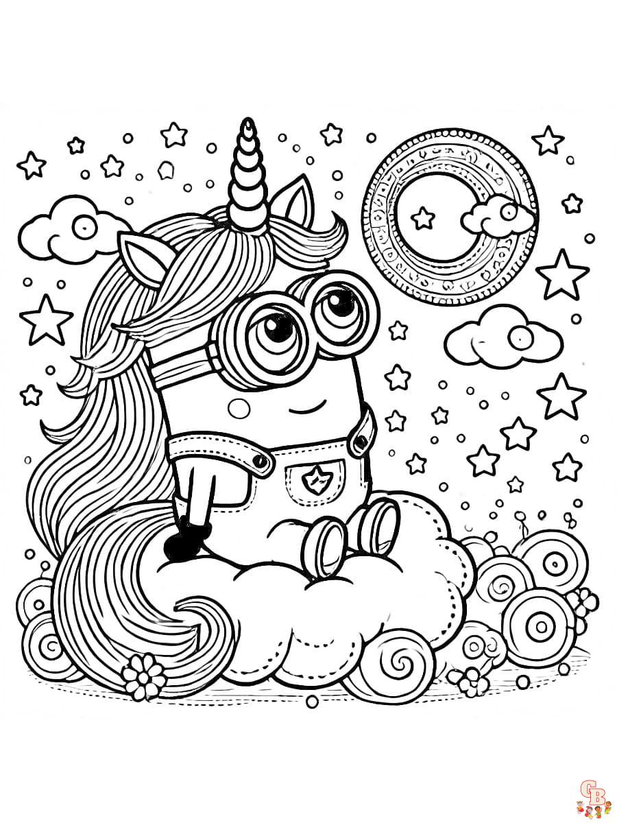 Ausmalbilder Minions Einhorn Friedlicher Minion auf Wolke unter Sternenhimmel