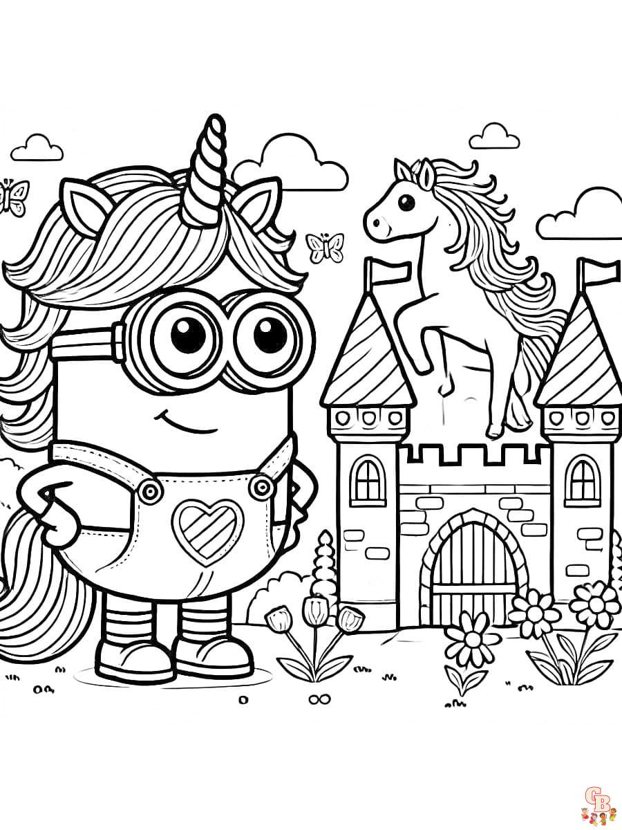 Ausmalbilder Minions Einhorn und Schmetterlinge am Schloss