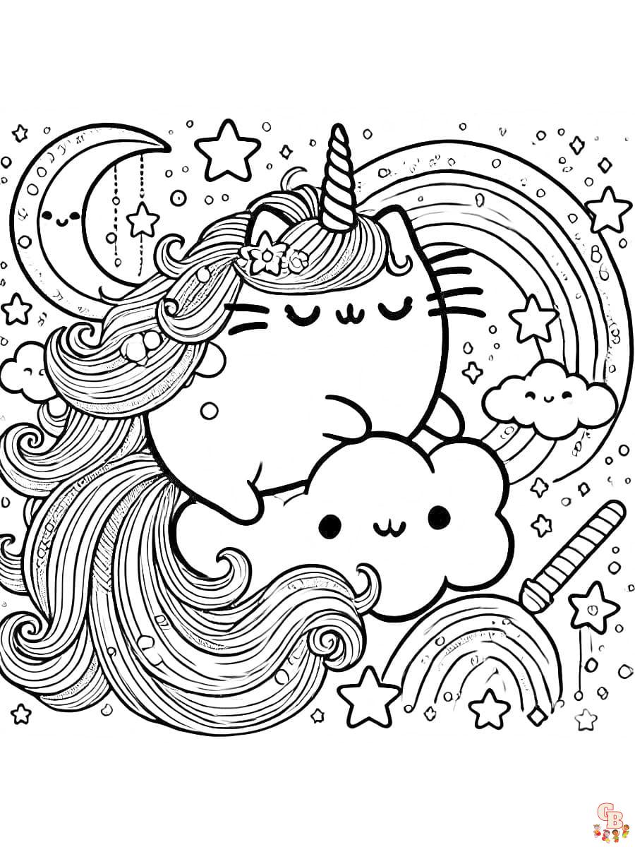 Ausmalbilder Pusheen Einhorn Magisches mit Regenbogen und Sternen