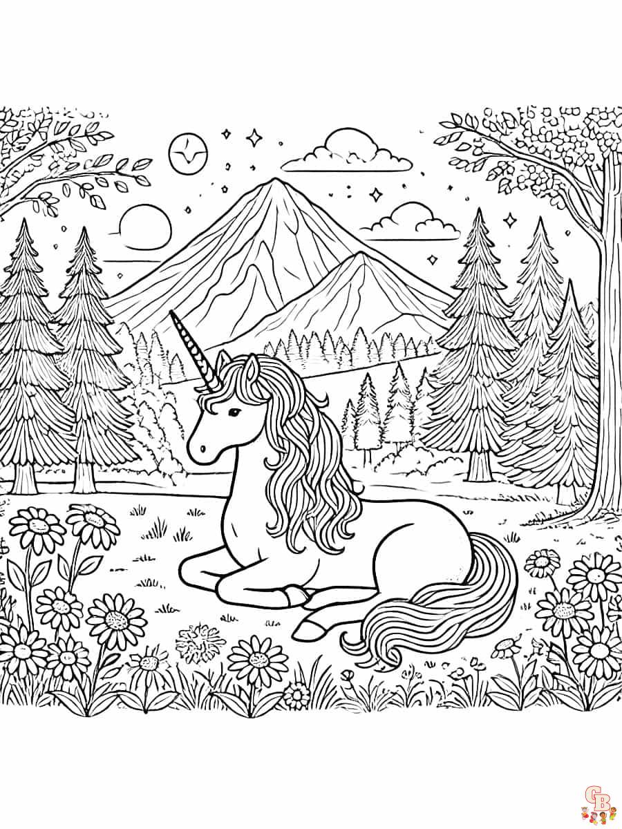 Das letzte Einhorn Ausmalbilder ruht in einer Waldlandschaft