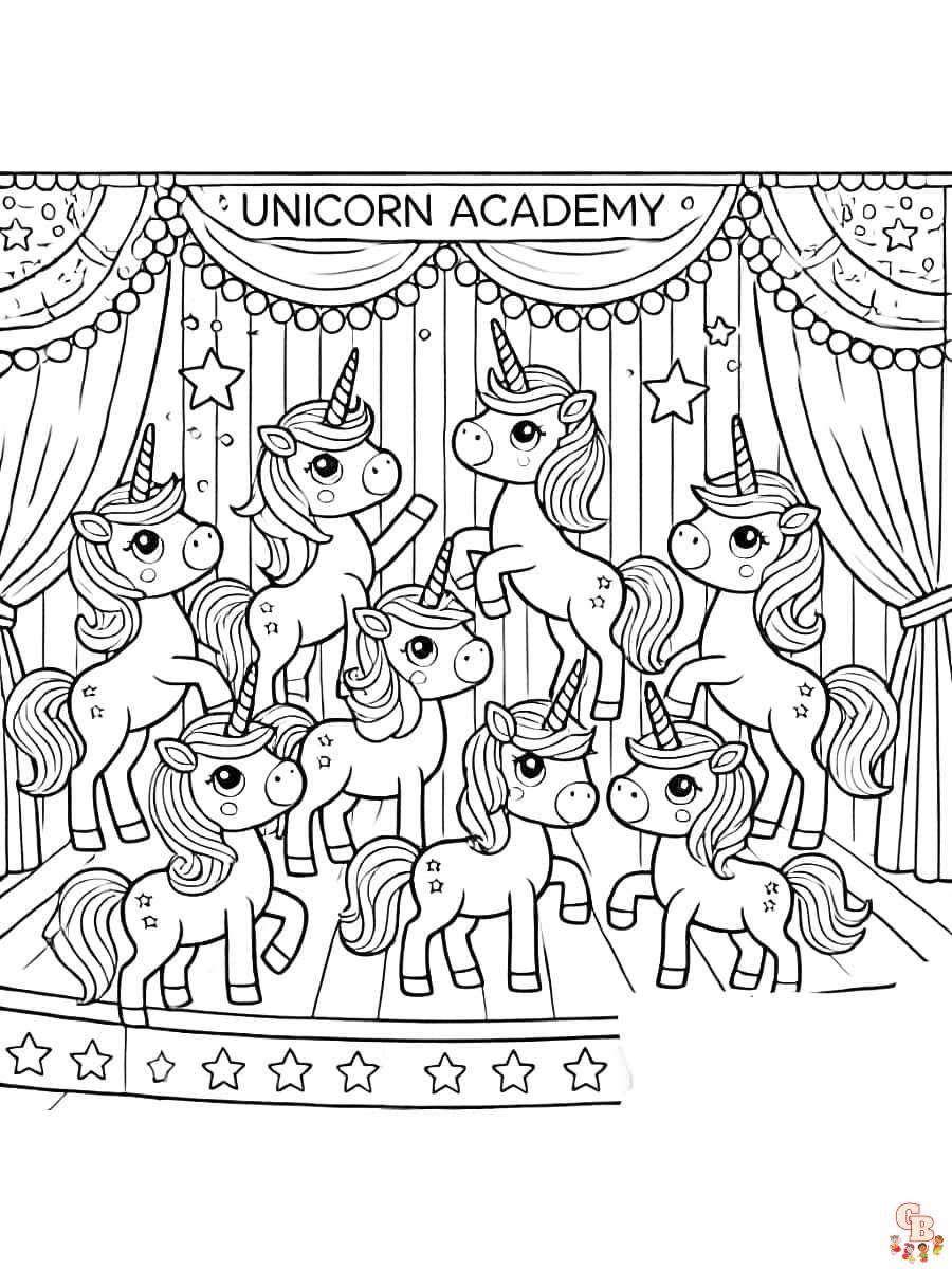 Einhörner bei der großen Aufführung der Einhorn Academy Ausmalbild