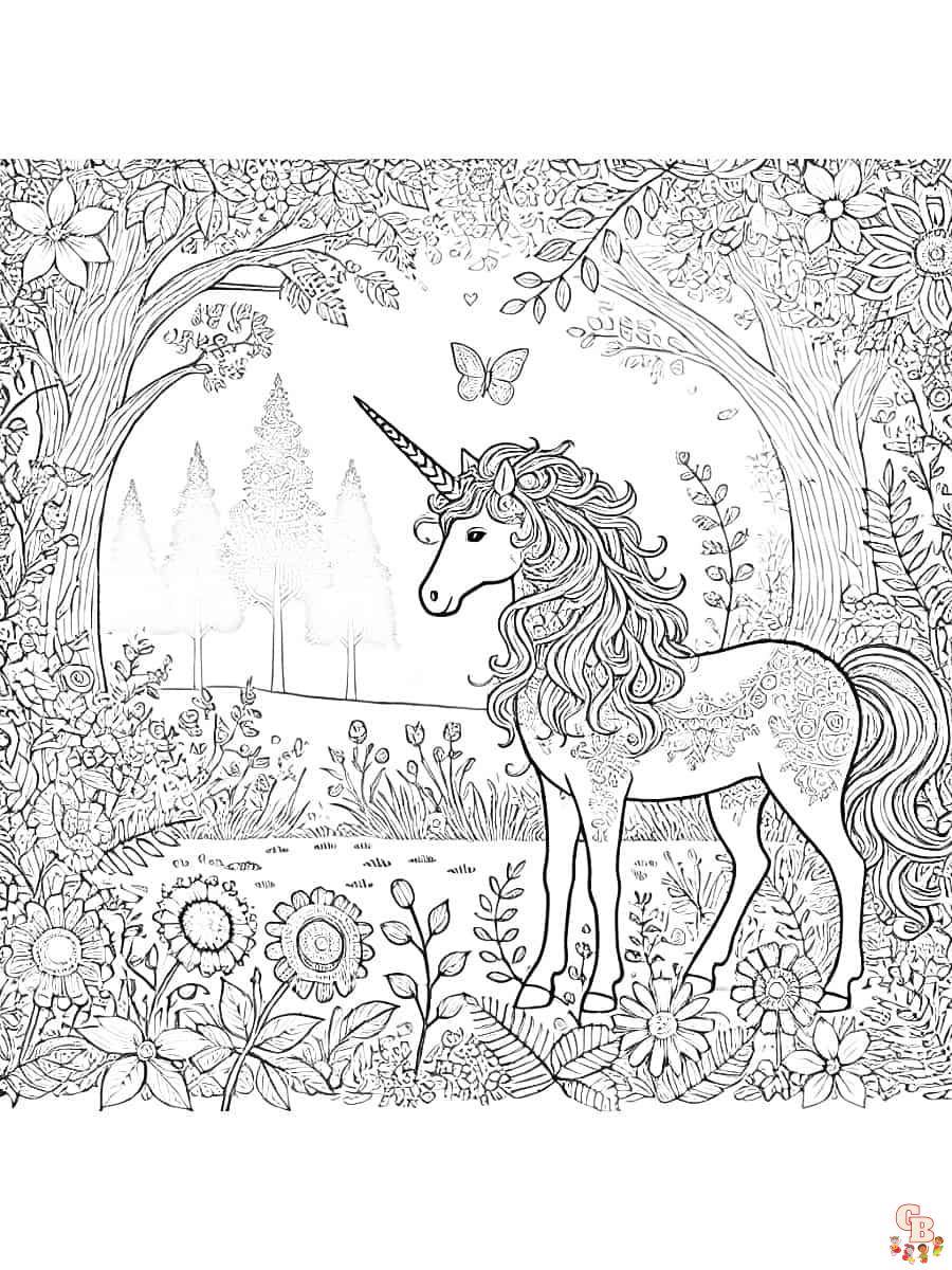 Einhorn Ausmalbild Schwer blühender Wald und bunte Blumen