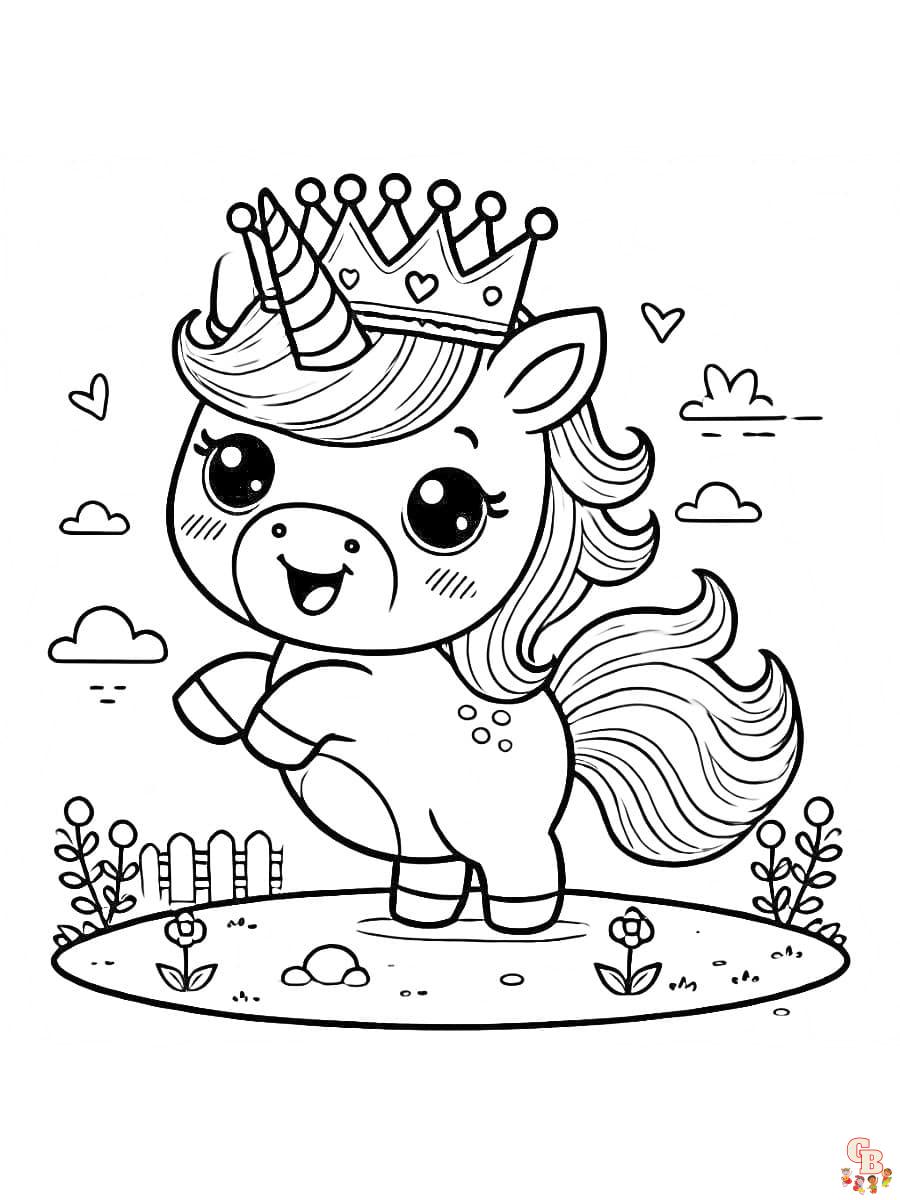 Einhorn mit Krone Ausmalbild auf fröhlicher Blumenwiese Freudiges Einhorn mit Krone Ausmalbild vor Zaun und Blumen