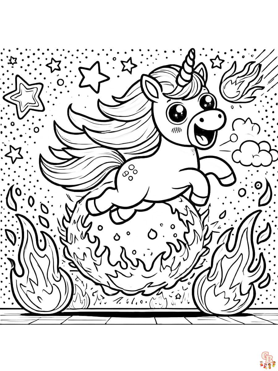 Lebendiges Feuer Einhorn Ausmalbild unter funkelnden Sternen