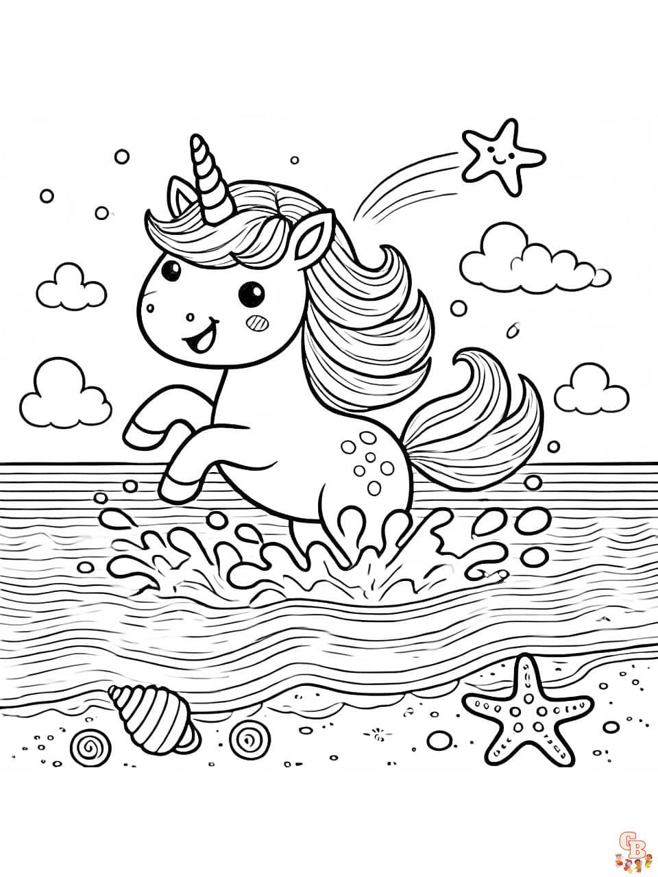 Fröhliches Wasser Einhorn Ausmalbild mit Wellen und Spritzern Dynamisches Wasser Einhorn Ausmalbild am Strand mit Muscheln