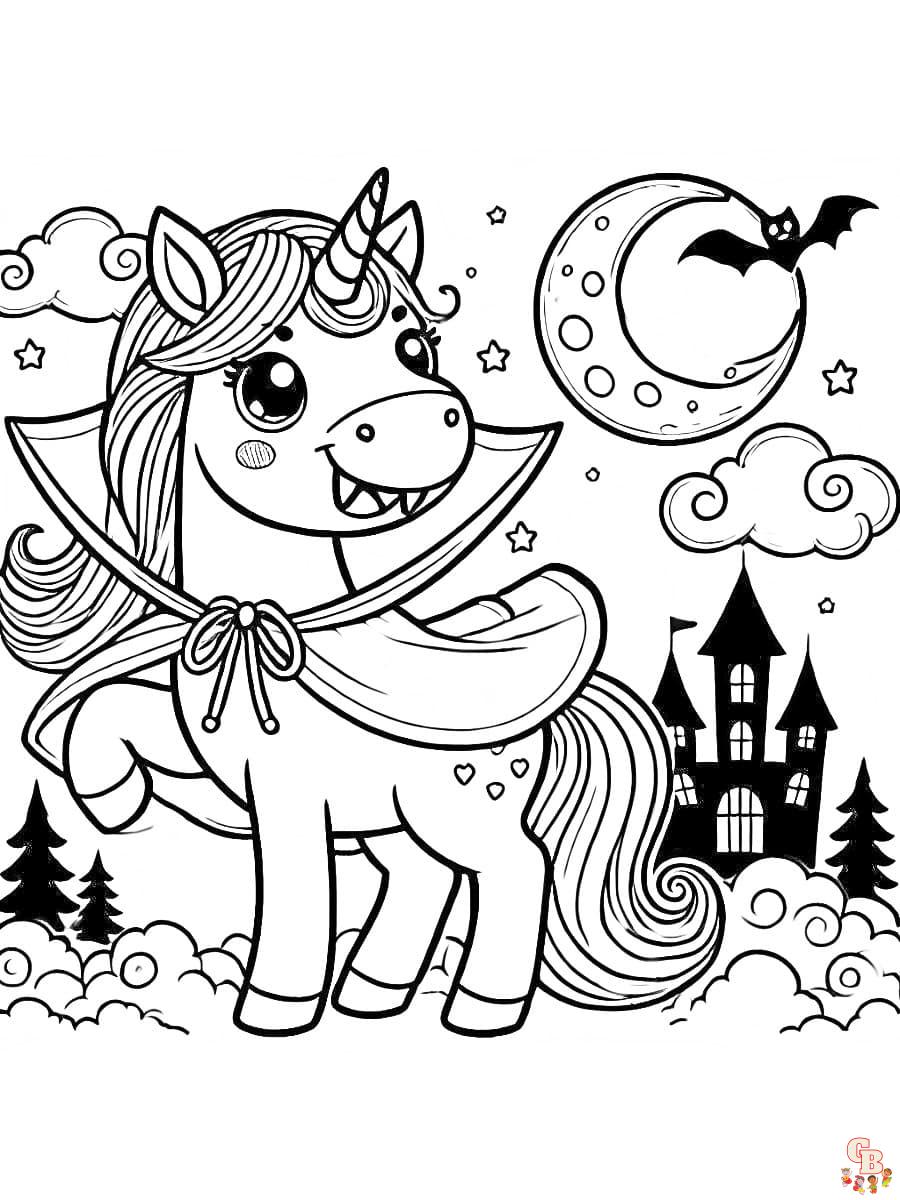 Magisches Halloween Einhorn Ausmalbild mit Schloss und Fledermaus