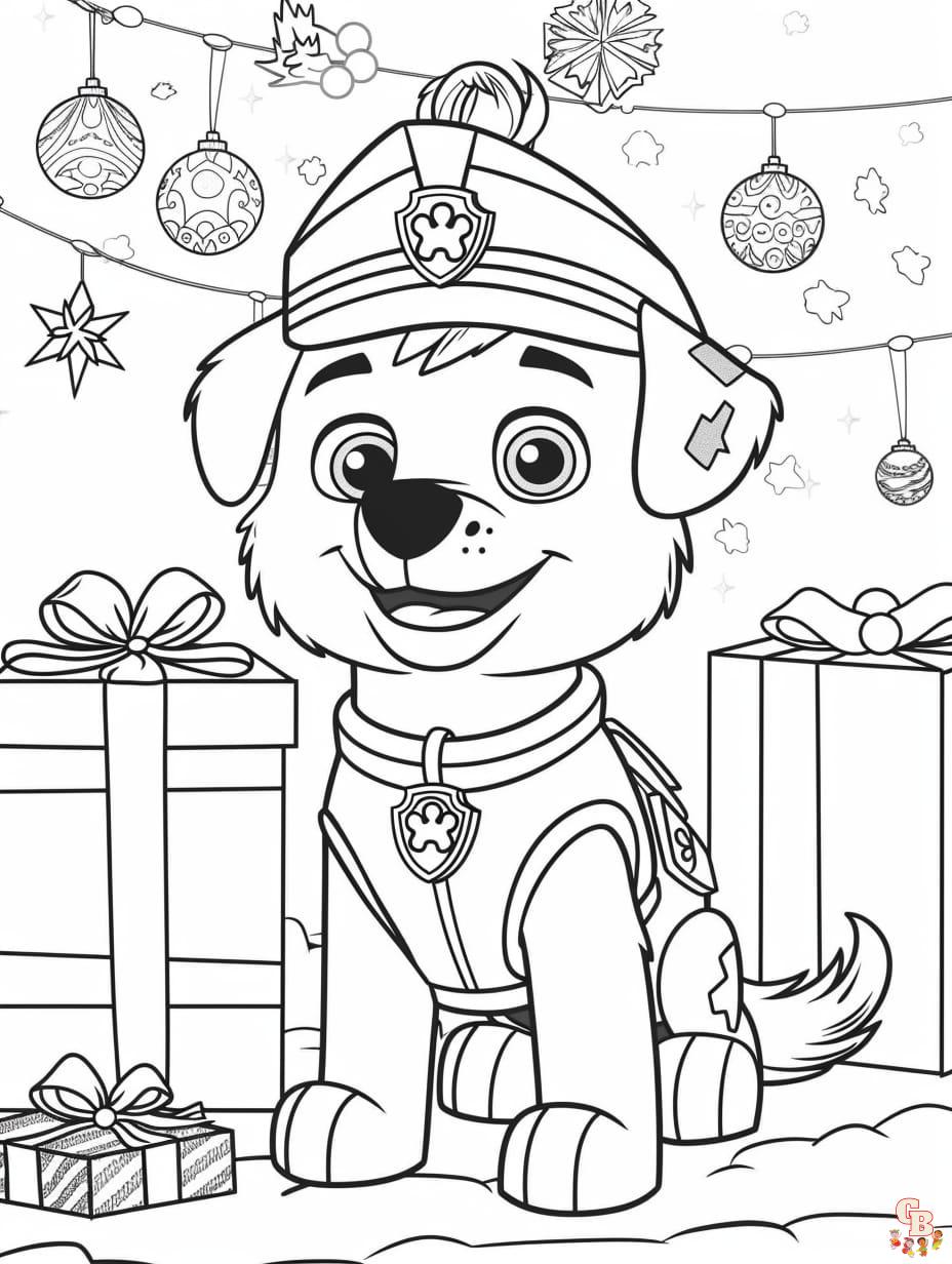 Ausmalbild Paw Patrol Weihnachten im Wohnzimmer mit Weihnachtsbaum