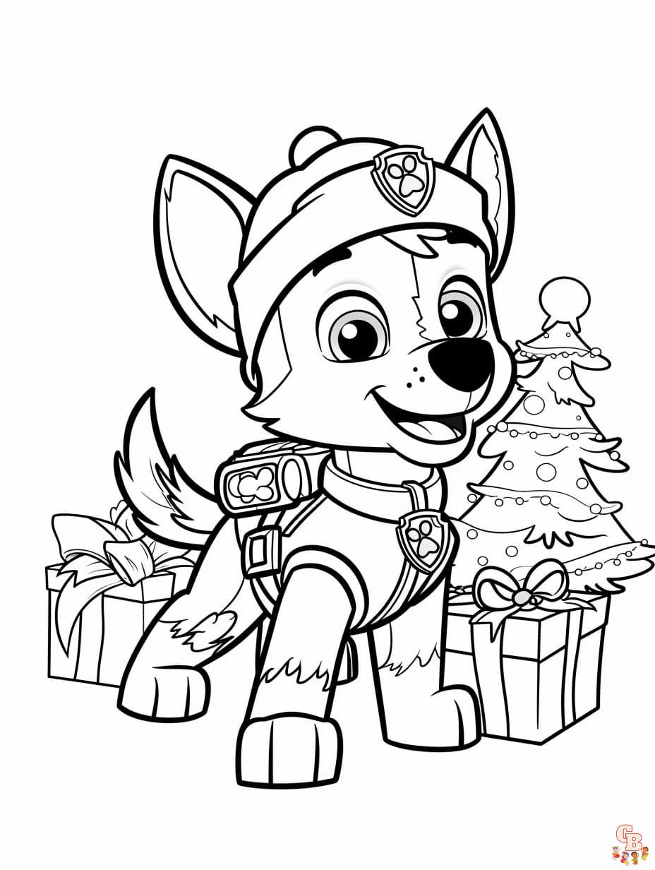 Paw Patrol Ausmalbild Weihnachten festlich geschmückter Baum und Geschenke